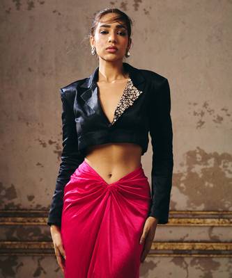 Hot pink skirt with black blazer 2