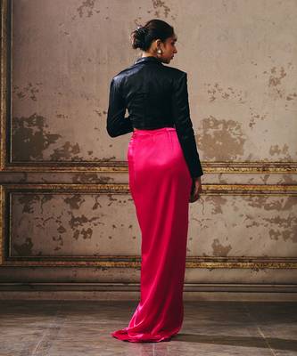 Hot pink skirt with black blazer 3