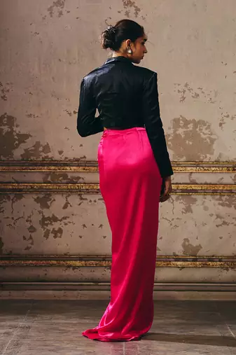 Hot pink skirt with black blazer