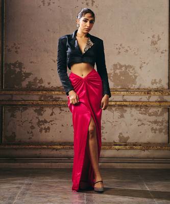 Hot pink skirt with black blazer 4