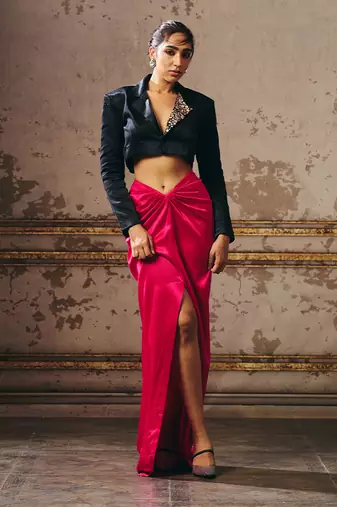 Hot pink skirt with black blazer