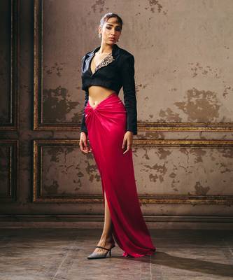 Hot pink skirt with black blazer 5