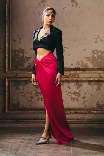 Hot pink skirt with black blazer