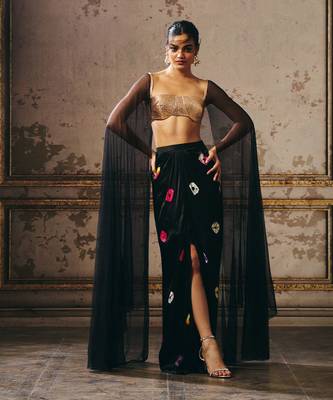 Black shibori skirt with rose gold blouse with cape 1