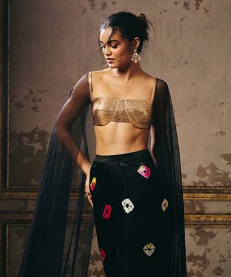 Black shibori skirt with rose gold blouse with cape 2