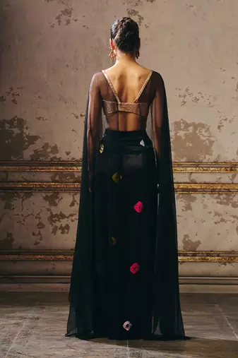 Black shibori skirt with rose gold blouse with cape