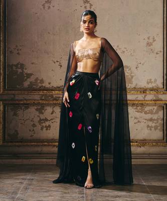 Black shibori skirt with rose gold blouse with cape 4
