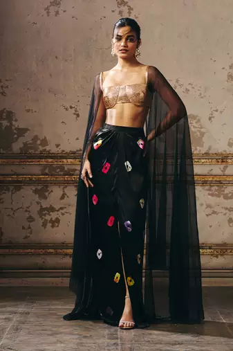 Black shibori skirt with rose gold blouse with cape