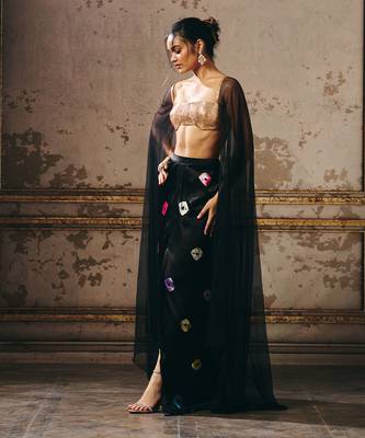 Black shibori skirt with rose gold blouse with cape 5