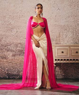 Beige skirt hot pink blouse with hot pink cape 1
