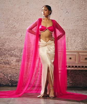 Beige skirt hot pink blouse with hot pink cape 2