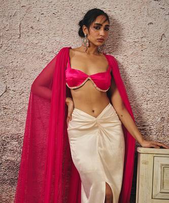 Beige skirt hot pink blouse with hot pink cape 3