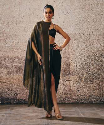 Black blouse with drape skirt with tissue cape 1