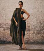 Black blouse with drape skirt with tissue cape