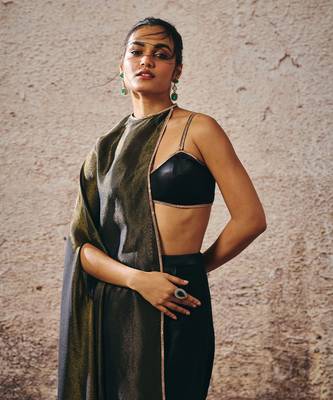 Black blouse with drape skirt with tissue cape 2