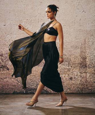 Black blouse with drape skirt with tissue cape 3