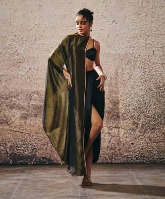 Black blouse with drape skirt with tissue cape 4