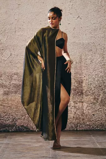 Black blouse with drape skirt with tissue cape