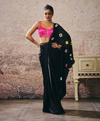 Black skirt with shibori and hot hot pink blouse 1