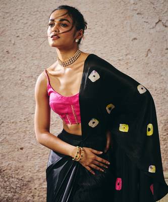Black skirt with shibori and hot hot pink blouse 2