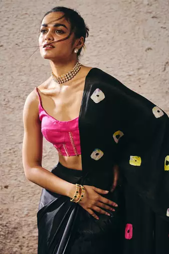 Black skirt with shibori and hot hot pink blouse