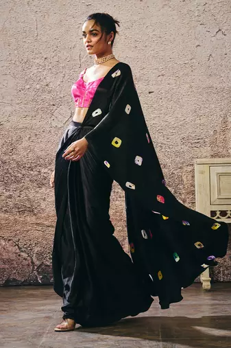 Black skirt with shibori and hot hot pink blouse