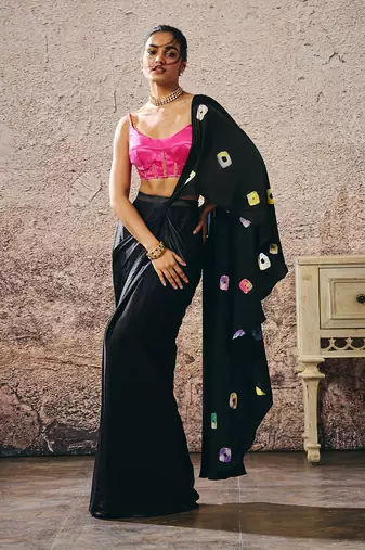 Black skirt with shibori and hot hot pink blouse
