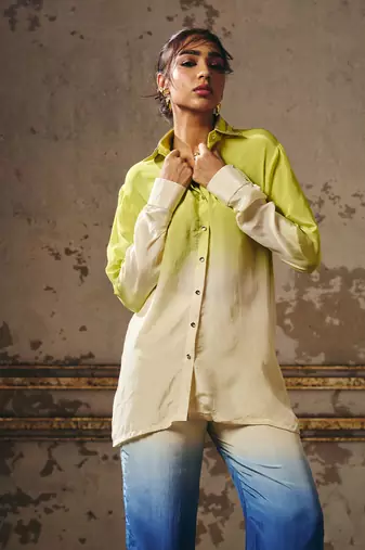 Neon green, beige, navy blue co-ord set