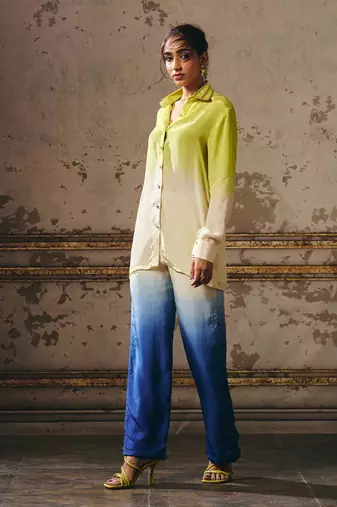 Neon green, beige, navy blue co-ord set