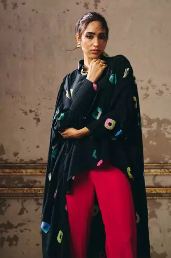Black shibori long shirt co ord set