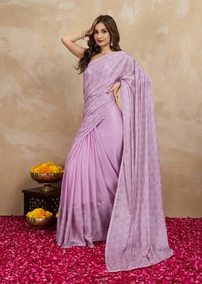 Pink chiffon swarovski work saree with unstitch blouse piece 5