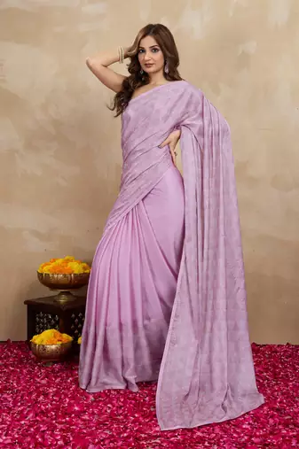 Trendmalls Pink chiffon swarovski work saree with unstitch blouse piece