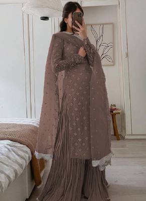 Dusty brown georgette embroidered kurta wih pant & duppata 1
