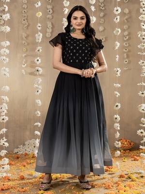 Black faux georgette embroidery ombre designer gown 1