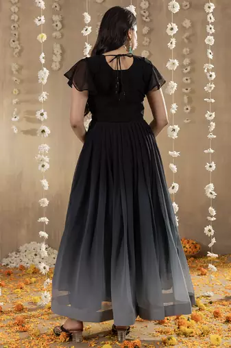 Black faux georgette embroidery ombre designer gown