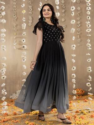 Black faux georgette embroidery ombre designer gown 3