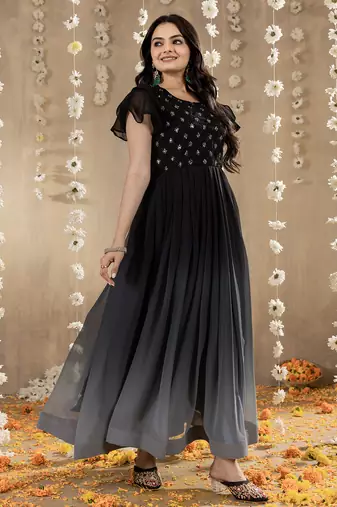 Black faux georgette embroidery ombre designer gown