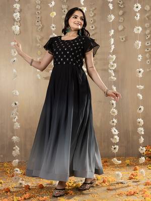 Black faux georgette embroidery ombre designer gown 4