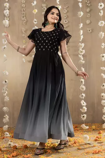 Black faux georgette embroidery ombre designer gown