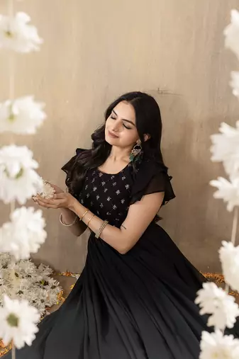 Black faux georgette embroidery ombre designer gown