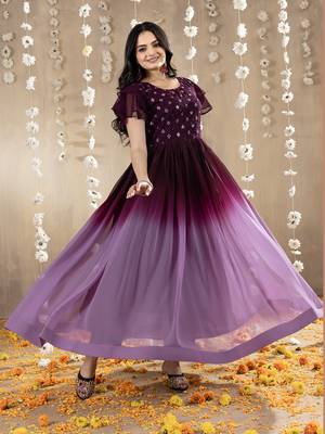 Wine faux georgette embroidery ombre designer gown 1