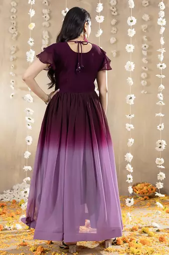 Wine faux georgette embroidery ombre designer gown