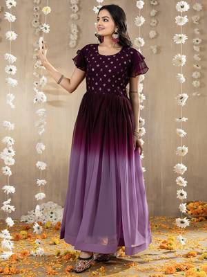Wine faux georgette embroidery ombre designer gown 3