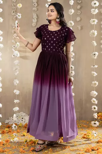 Wine faux georgette embroidery ombre designer gown