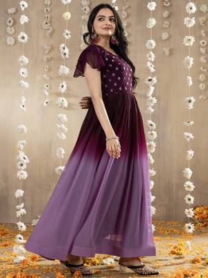 Wine faux georgette embroidery ombre designer gown 4