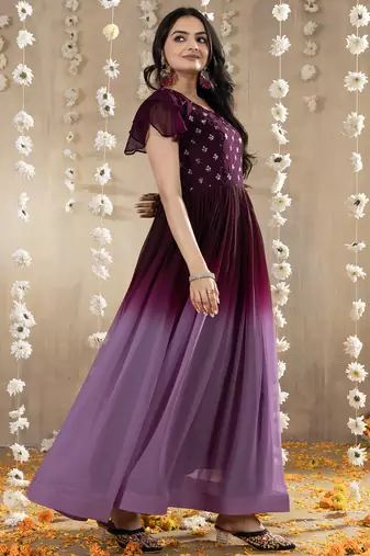 Wine faux georgette embroidery ombre designer gown