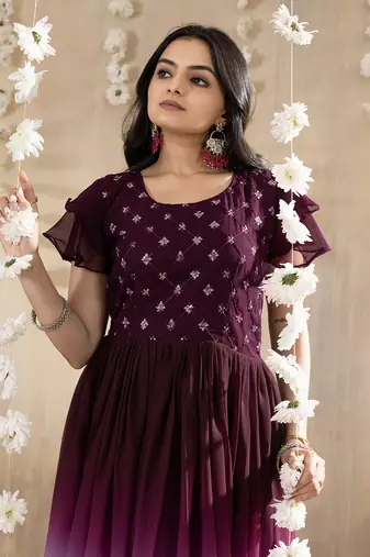 Wine faux georgette embroidery ombre designer gown