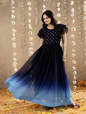 Blue faux georgette embroidery ombre designer gown 1