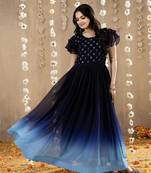Blue faux georgette embroidery ombre designer gown