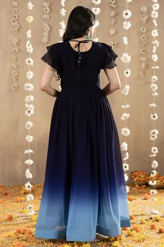 Blue faux georgette embroidery ombre designer gown